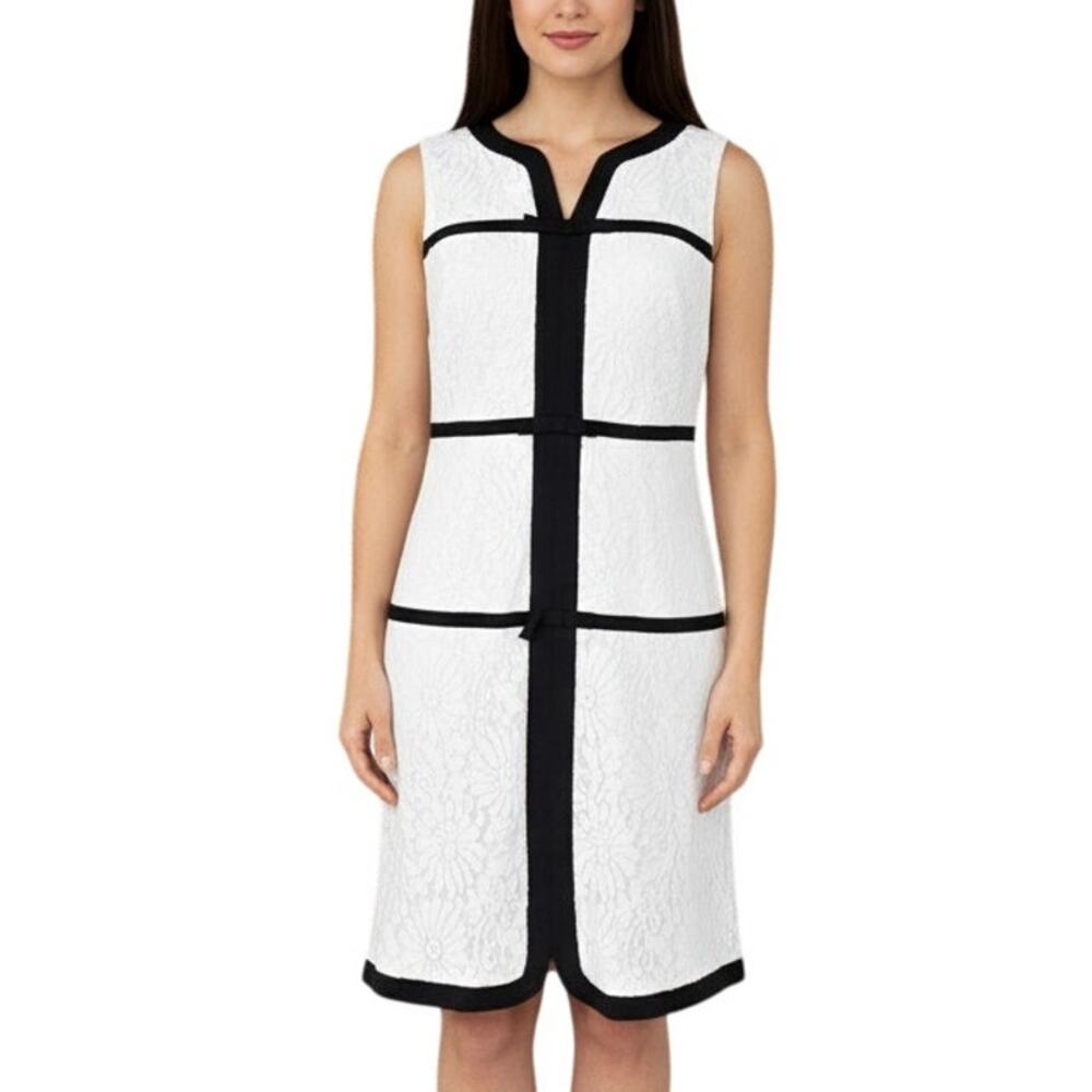 Karl Lagerfeld White Lace Sleeveless Sheath Dress Size 6 Black Contrast Trim Bow